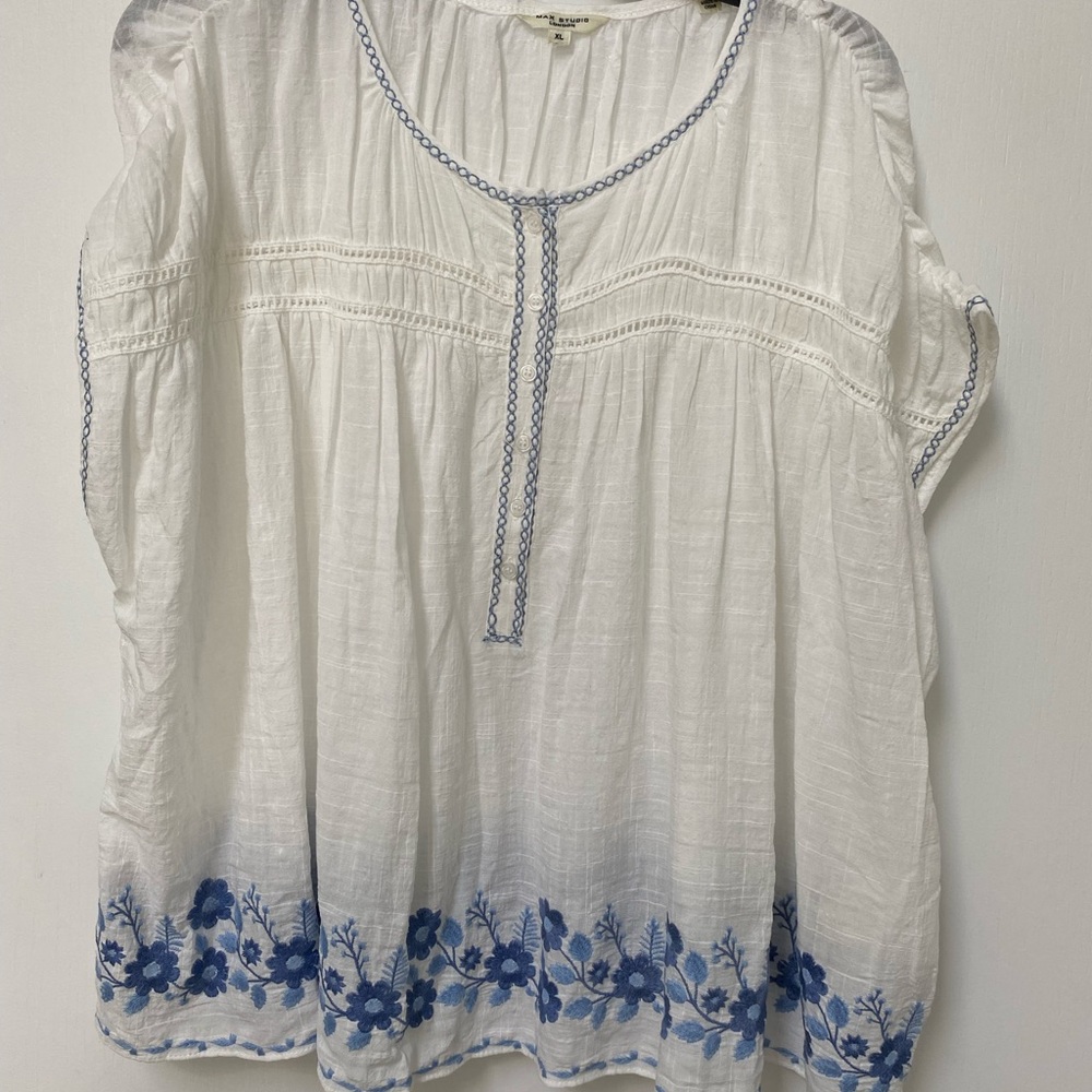 White and Blue Smocked Blouse with Bib Collar